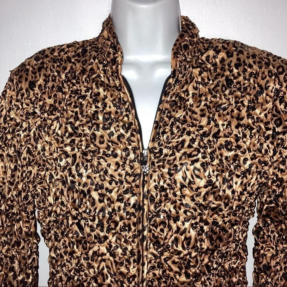 MSK Leopard Crimp Satin Sequin Zip Front Jacket M Beige Black